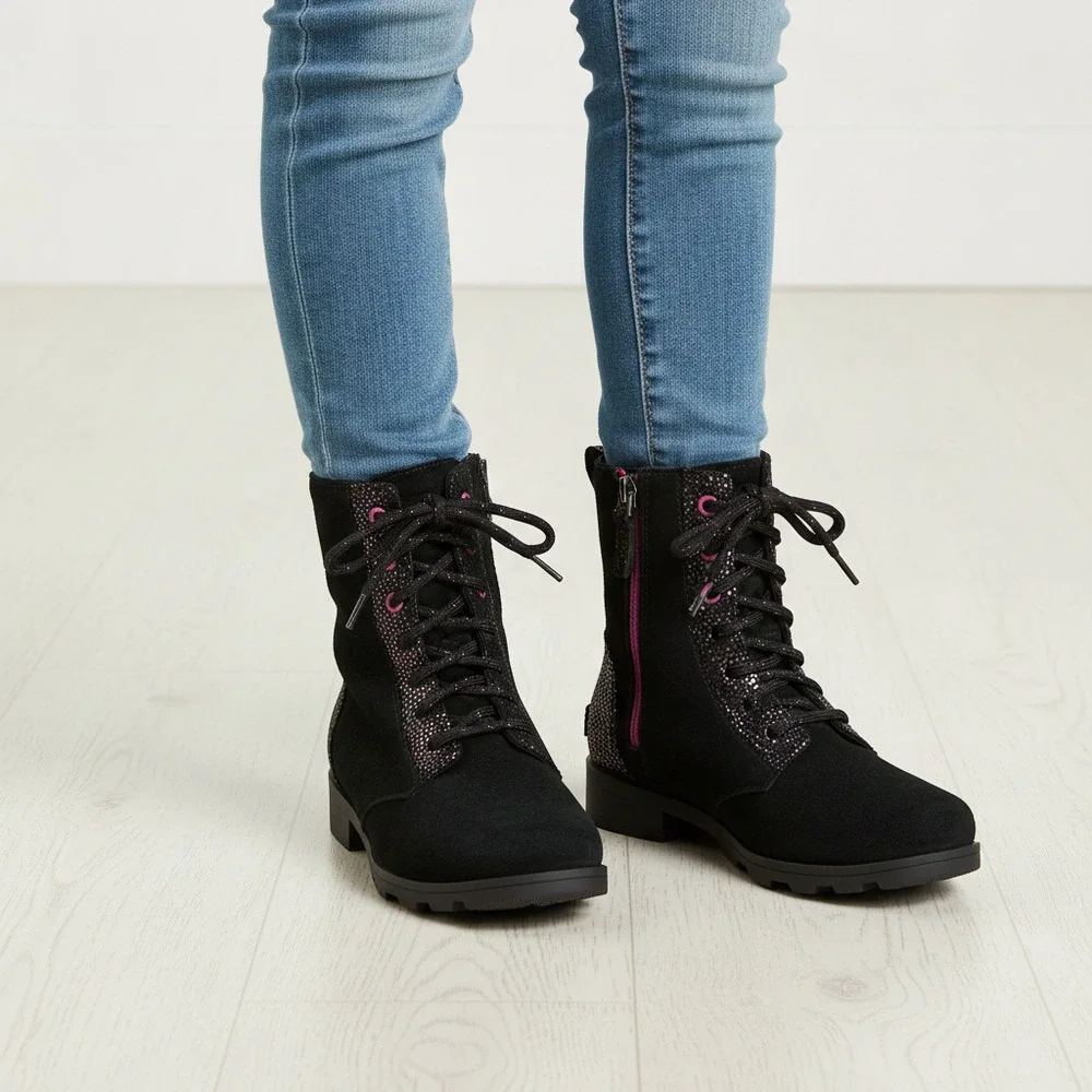 Sorel Black Pink Sparkle Lace-Up Boots | Kids' Leather Combat 5
